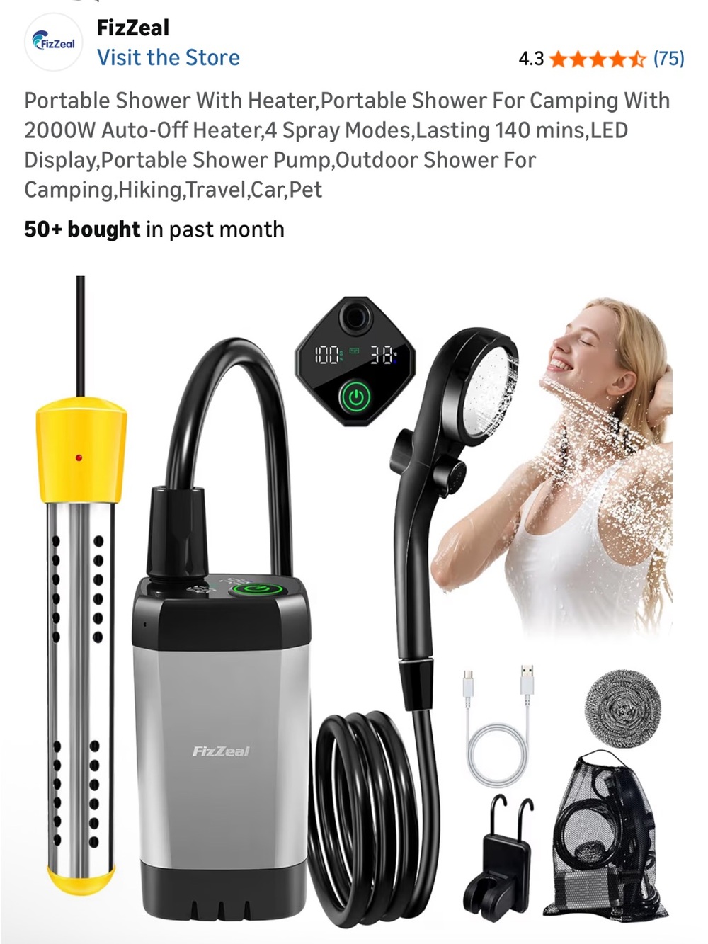 Portable Heated Shower Pump with Digital Control - Black & Silver